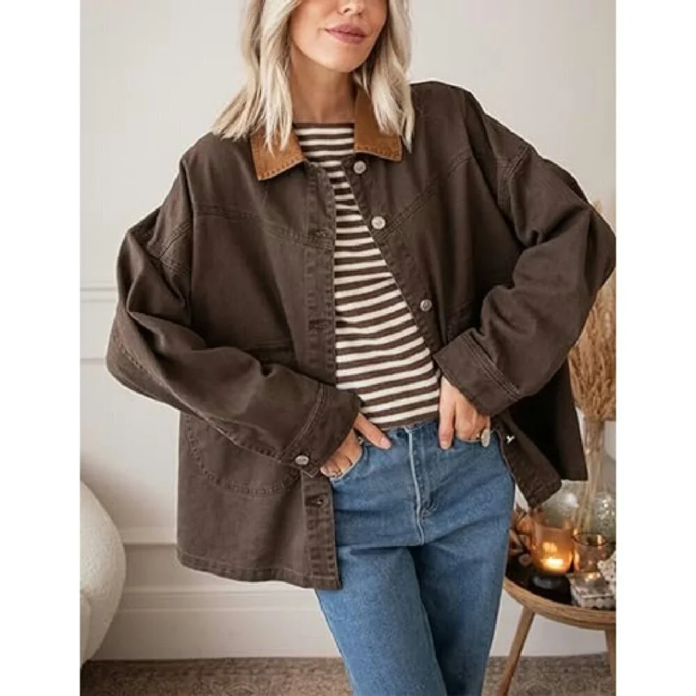 Oversized Denim Shacket Retro Collar Button Down Jacket Women's